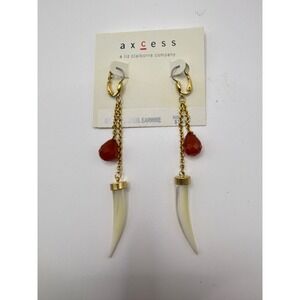 Axcess Liz Claiborne Gold Tone Red Bead Cream Tusk Dangle Earring Surgical Steel